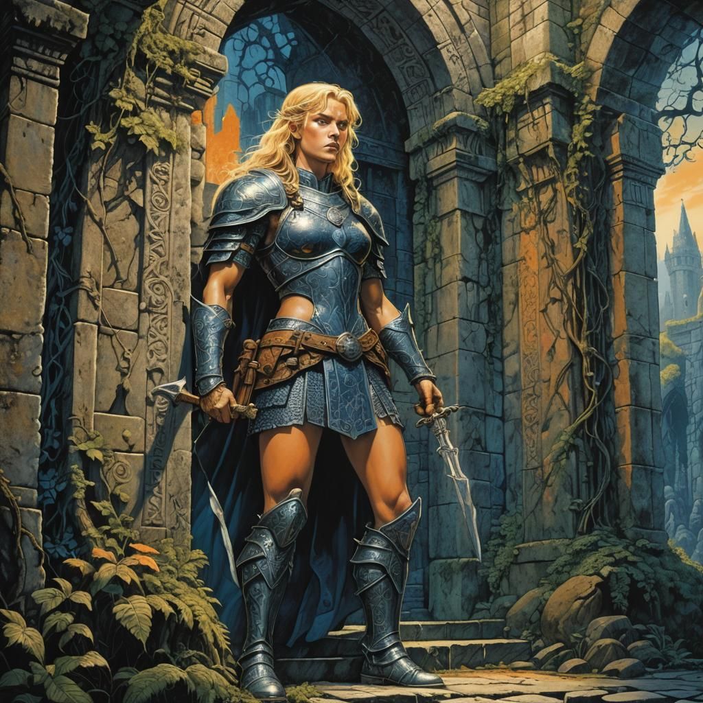 Blonde Warrior at Donjon in Art Nouveau Style