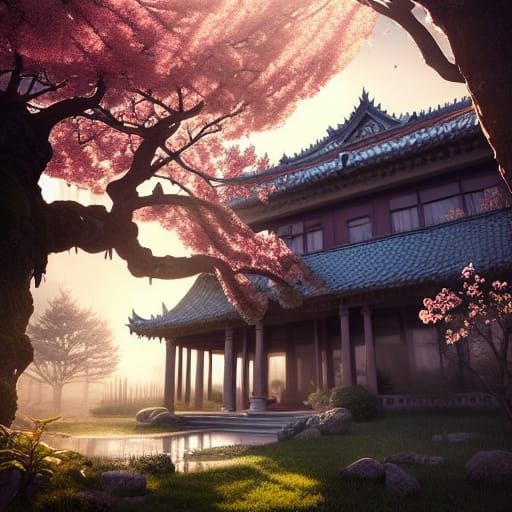 Mansion in Sakura Tree: Detailed Digital Art