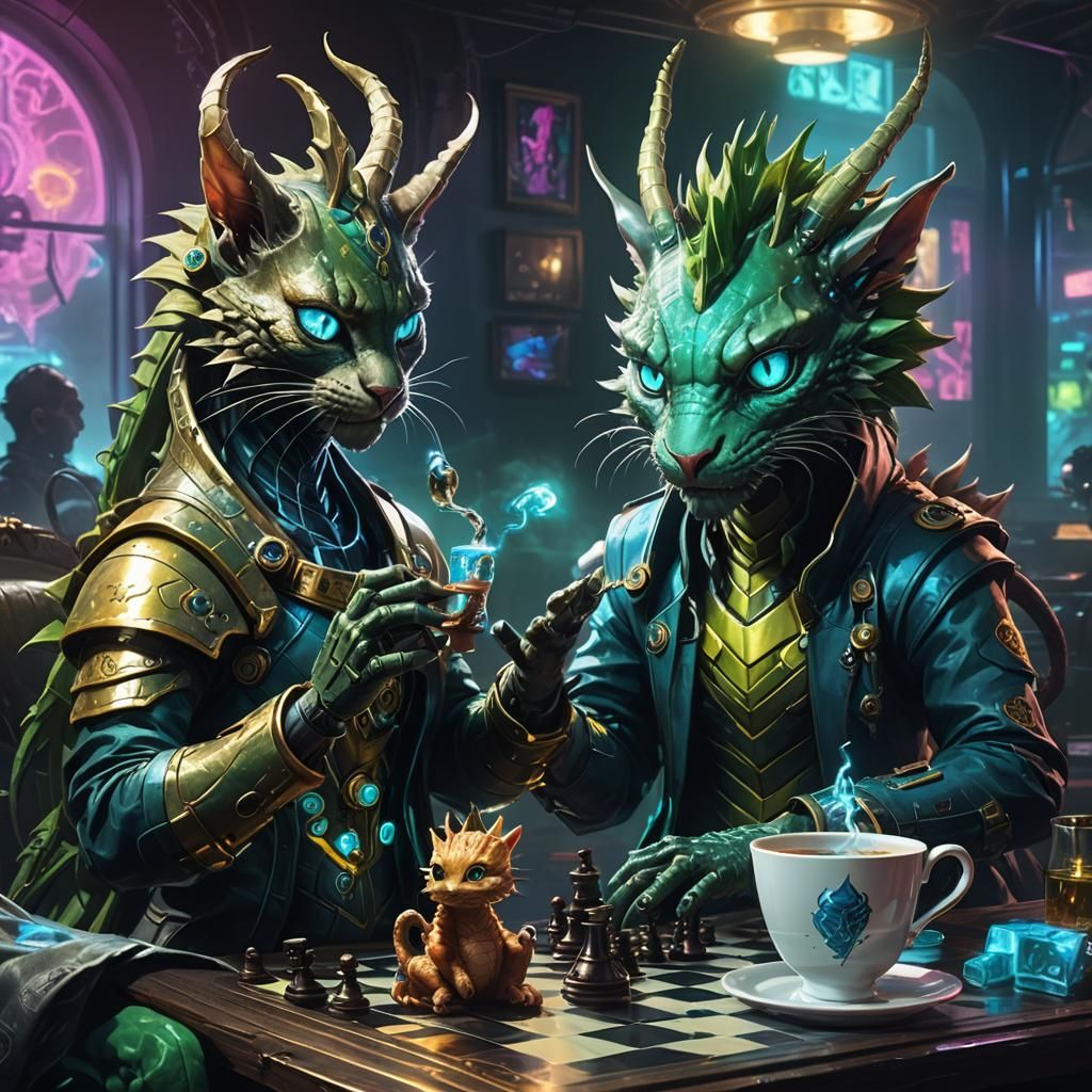 Fairy Cat and Dragon Play Chess in Cyberpunk Neo-Tokyo