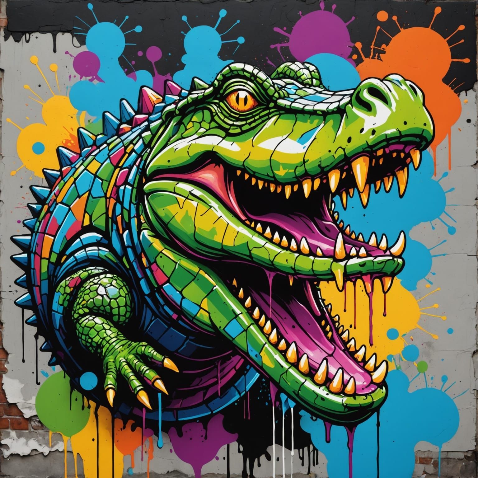 Vibrant Crocodile Rock Graffiti Art in High Contrast