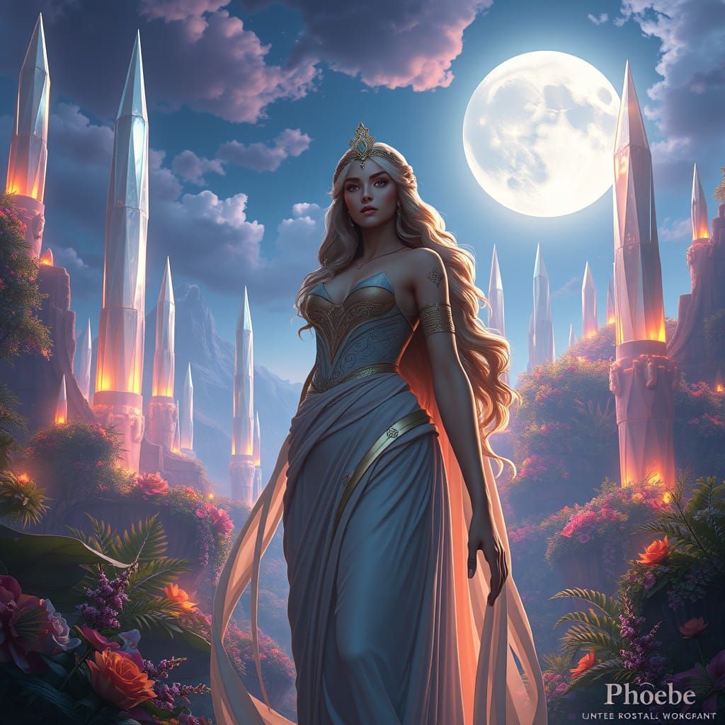 Goddess of the Moon in Lush, Dreamlike Landscape