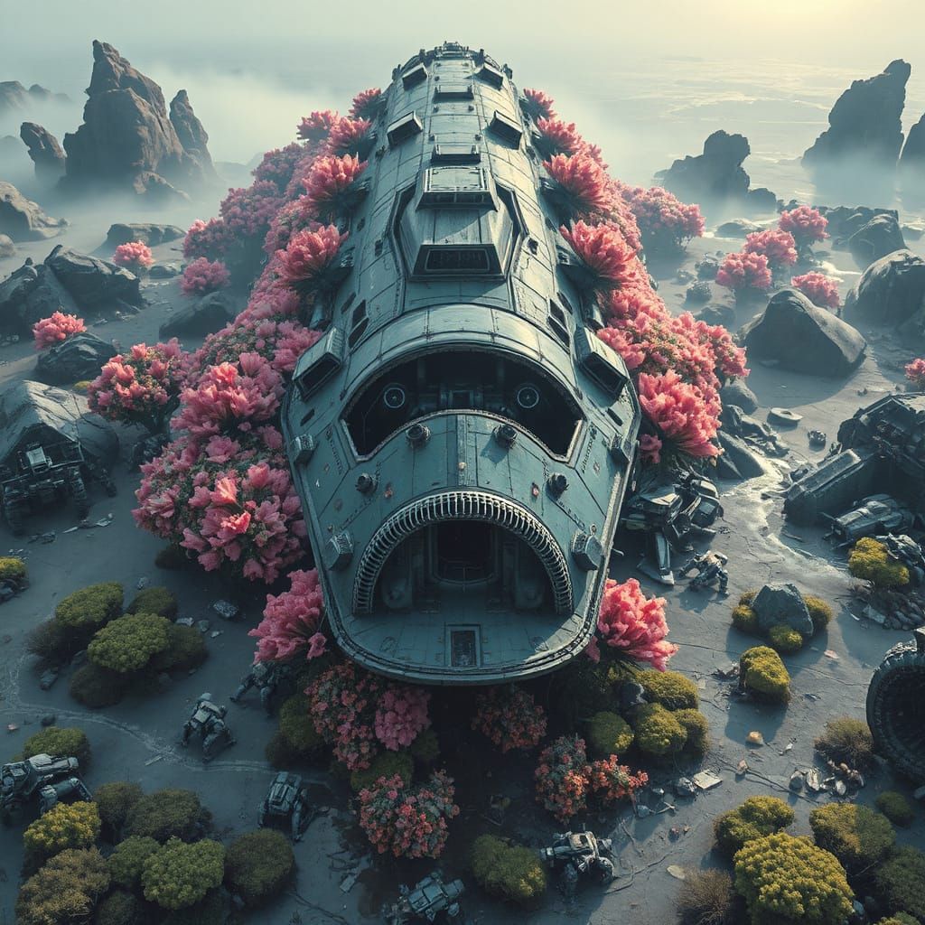 Colossal Spaceship Overgrown with Glowing Flora