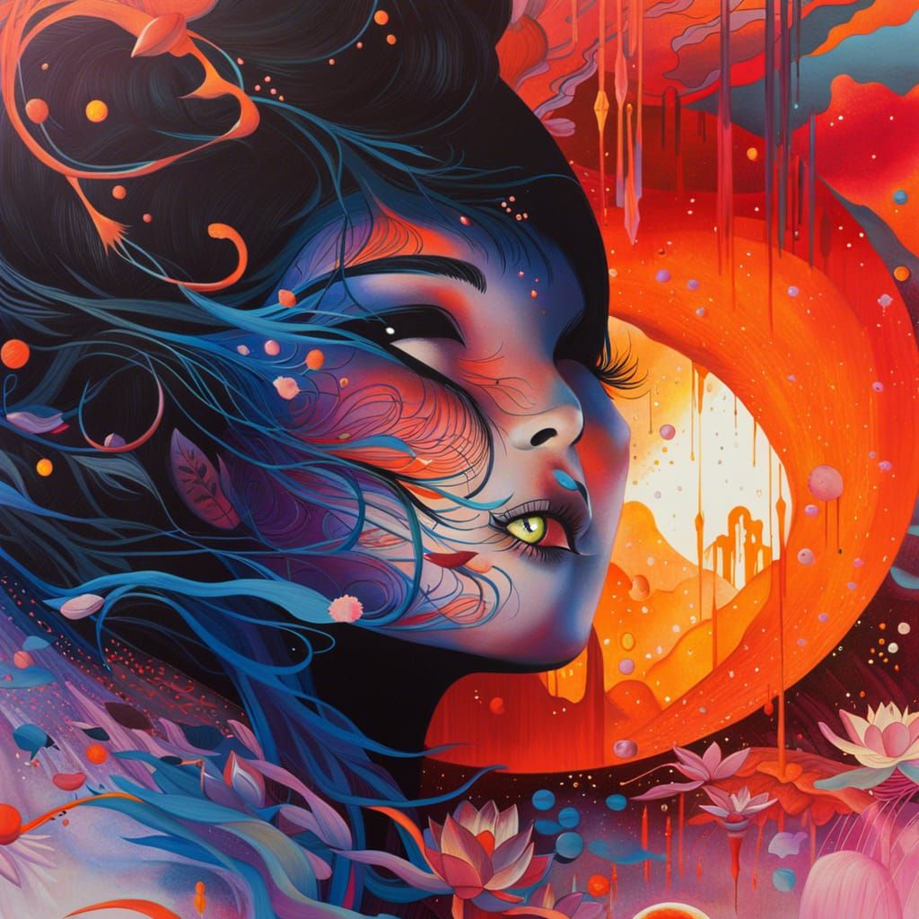 Geisha in Lotus Pond: Surreal Dreamscape Illustration