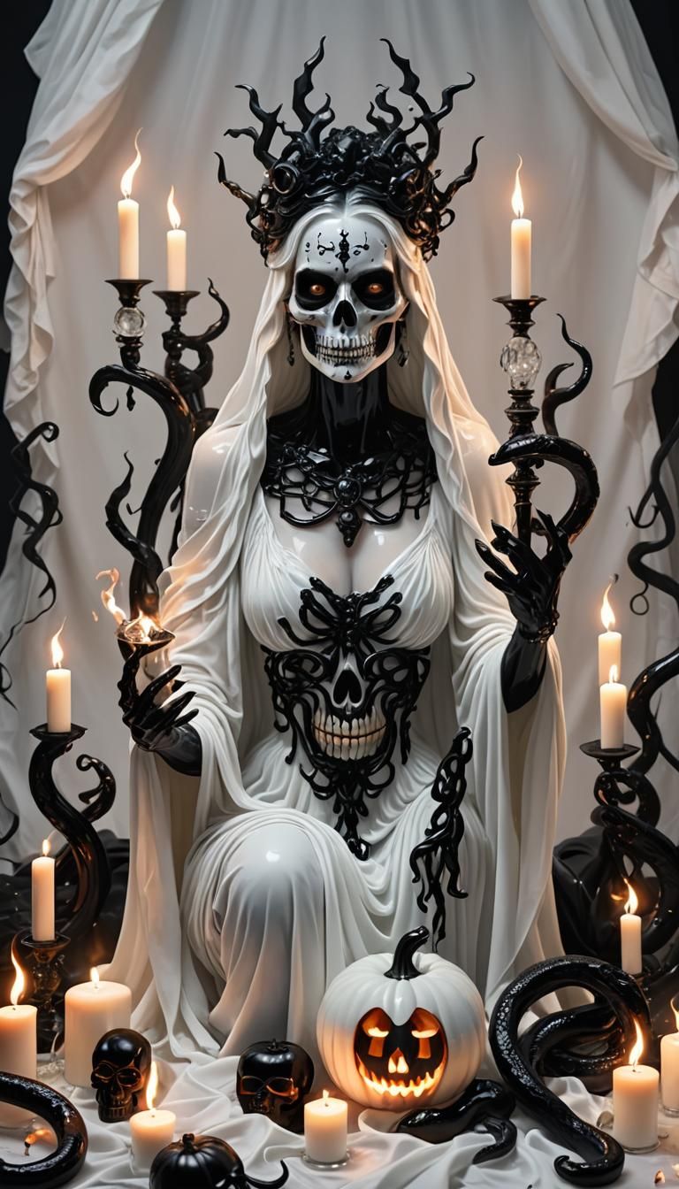 Glass Goddess with Halloween Pumpkin in Hyper-Realism