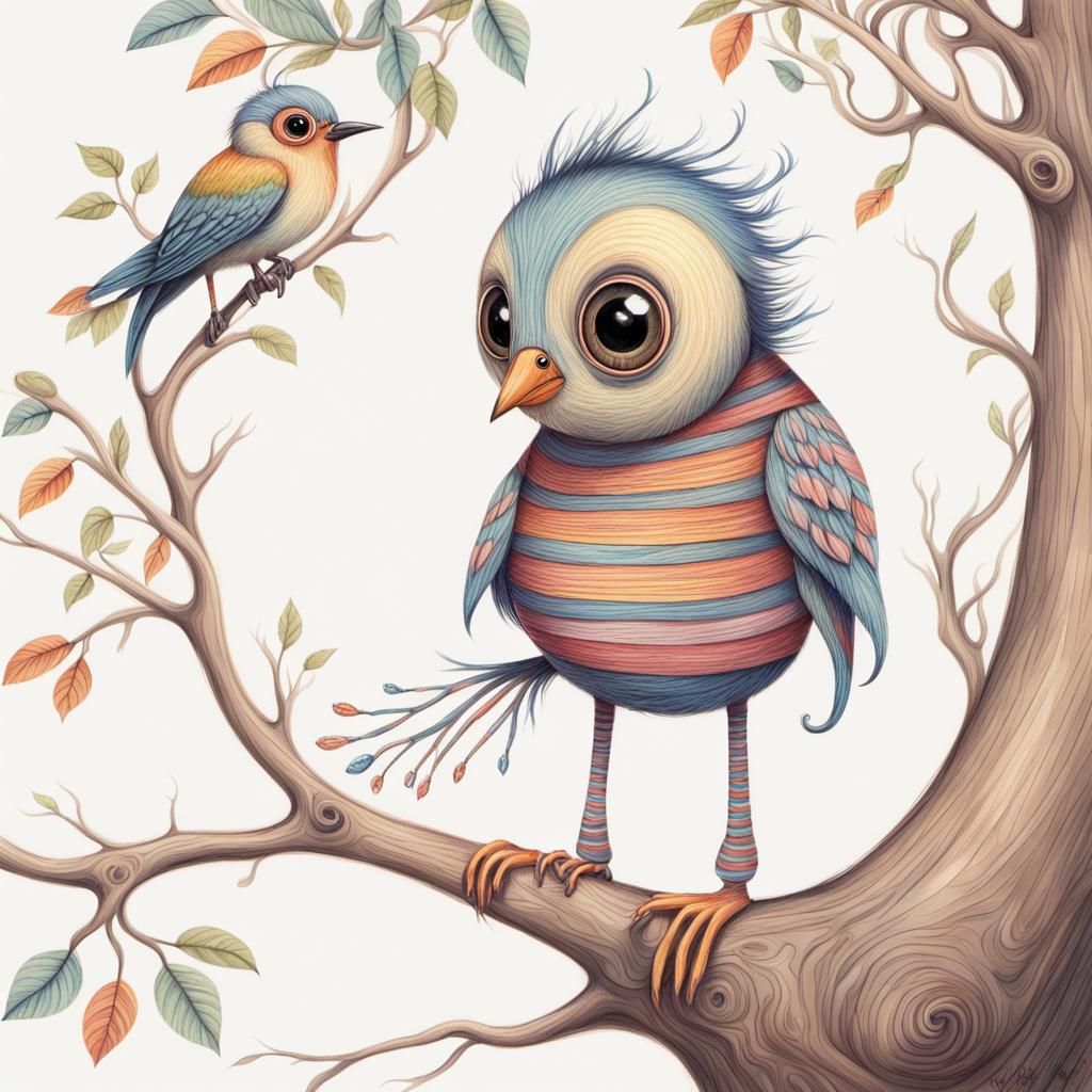 Whimsical Bird Illustration with Striped Sweater