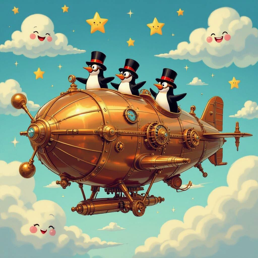Steampunk Airship with Cartoon Penguins in Digital Art