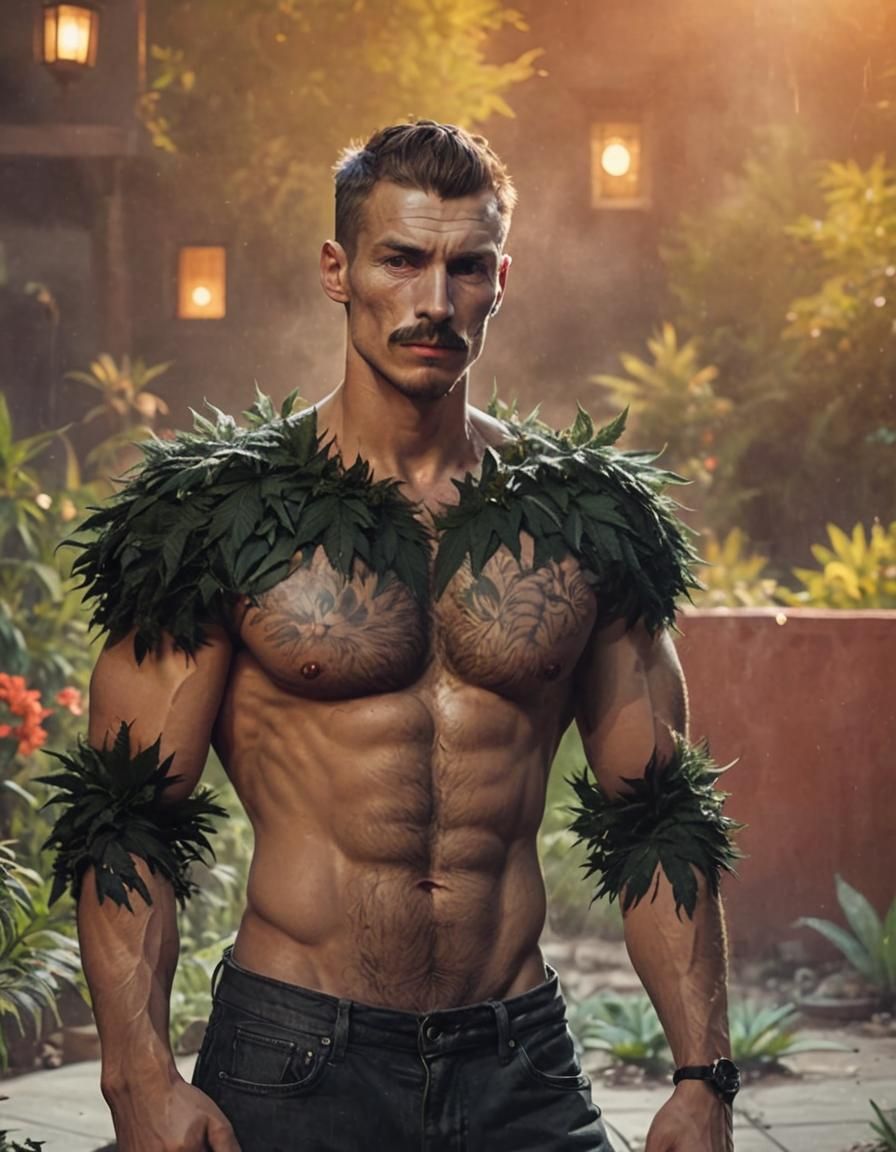 Shirtless Young Man with Joint in Surreal Garden Oasis