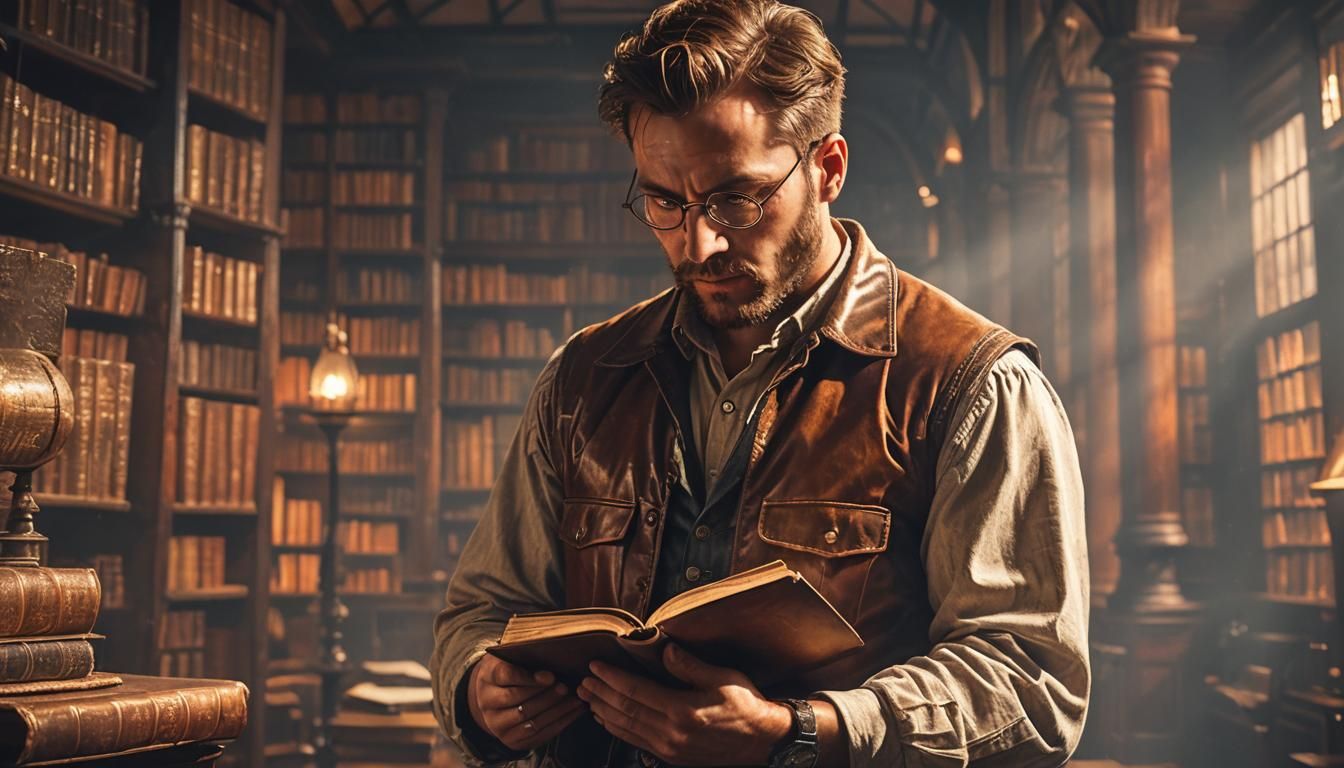 British Explorer Reads Book in Futuristic Library