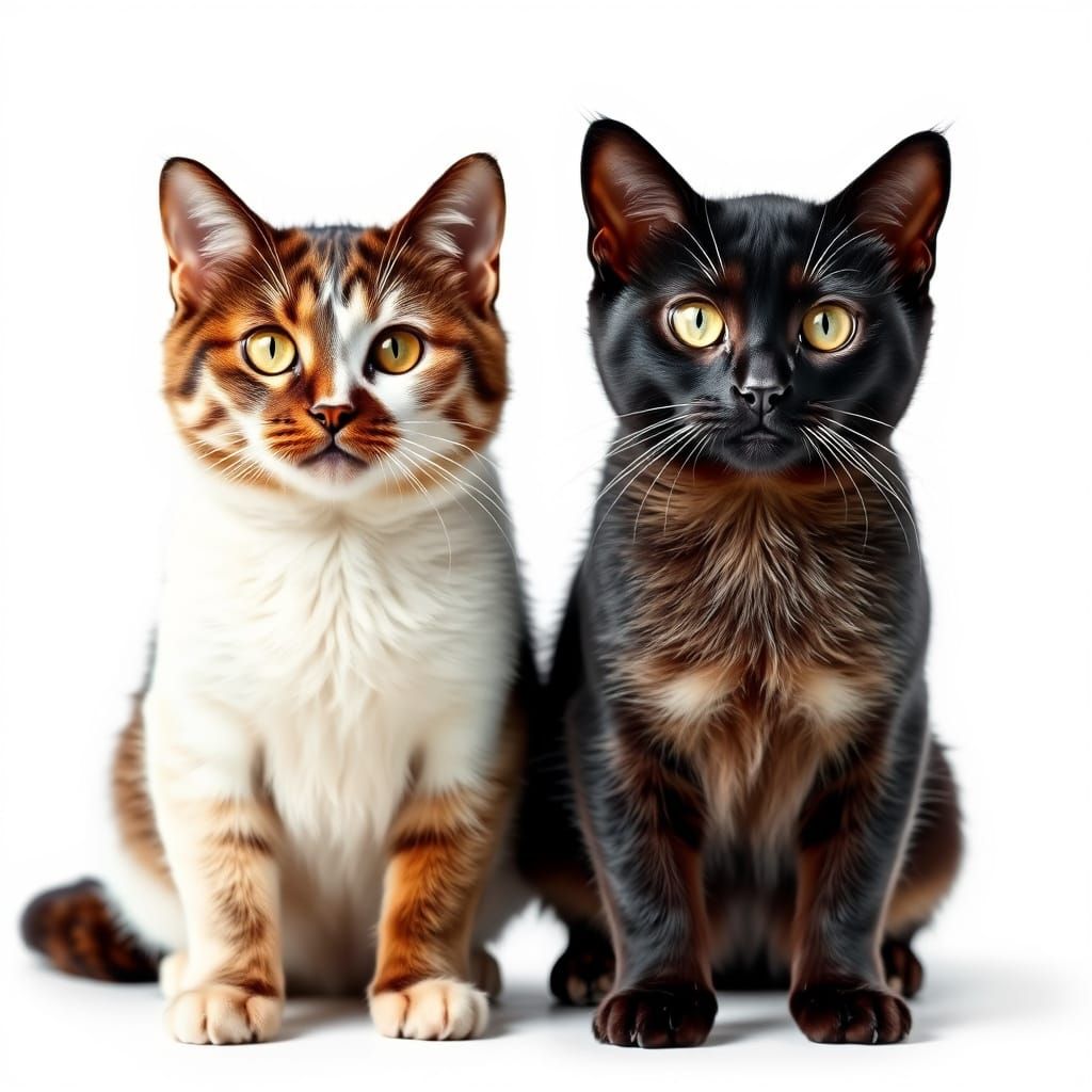 Realistic Photo of Black and White Cats on White Background