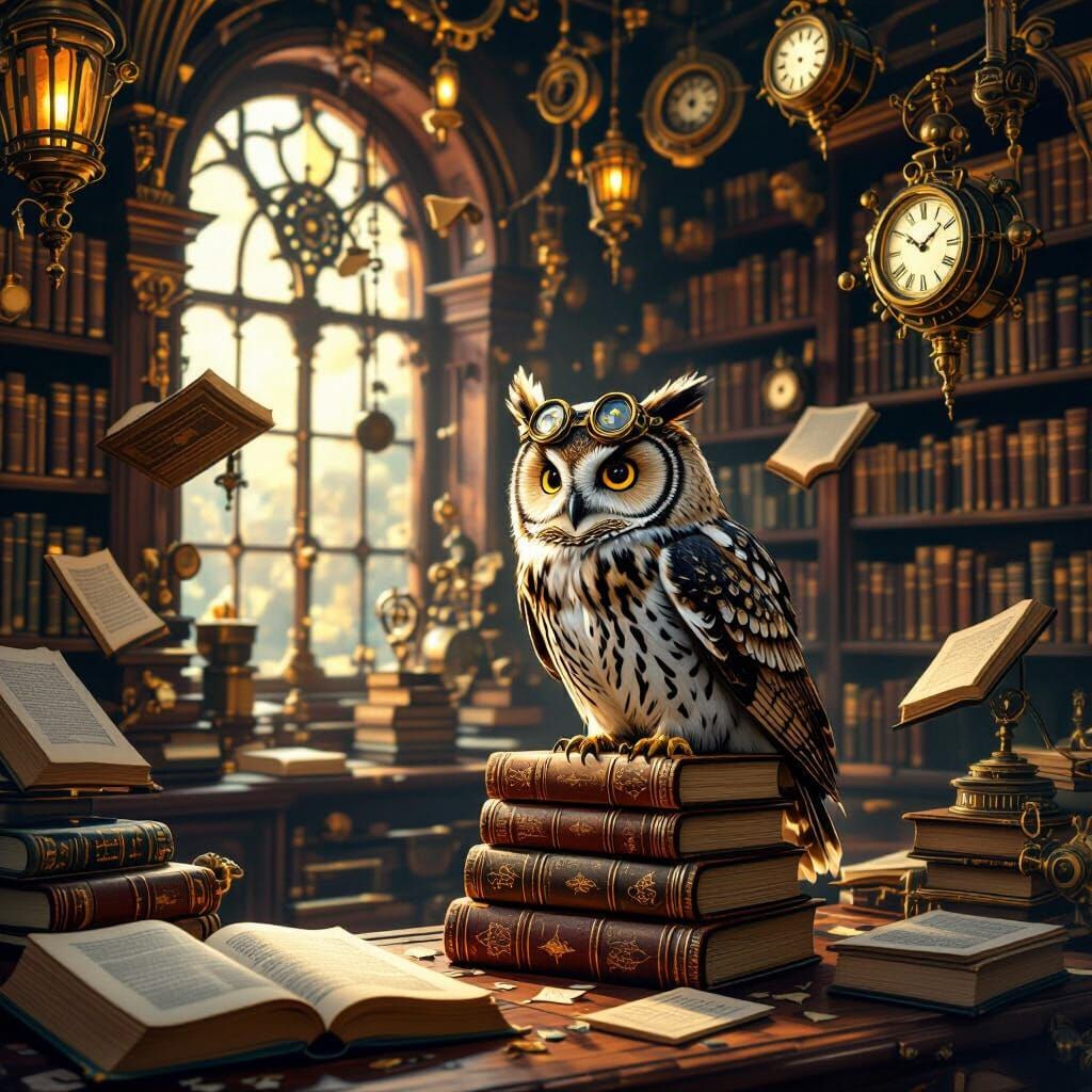 Steampunk Library with Floating Books and Clockwork Owl