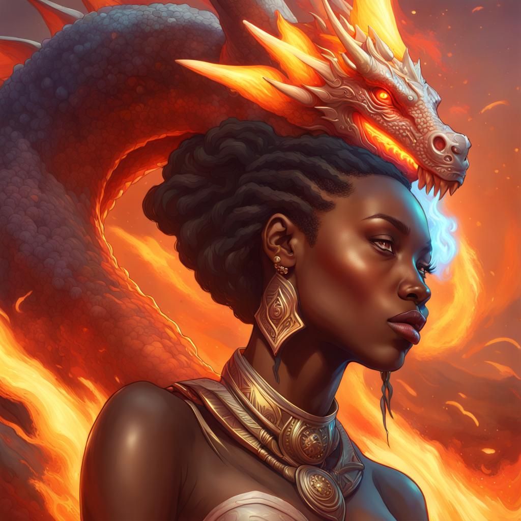 African Goddess on Dragon, Hyperdetailed Splash Art