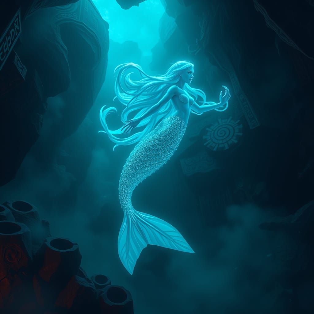 Bioluminescent Mermaid in Mystical Cavern, Digital Art