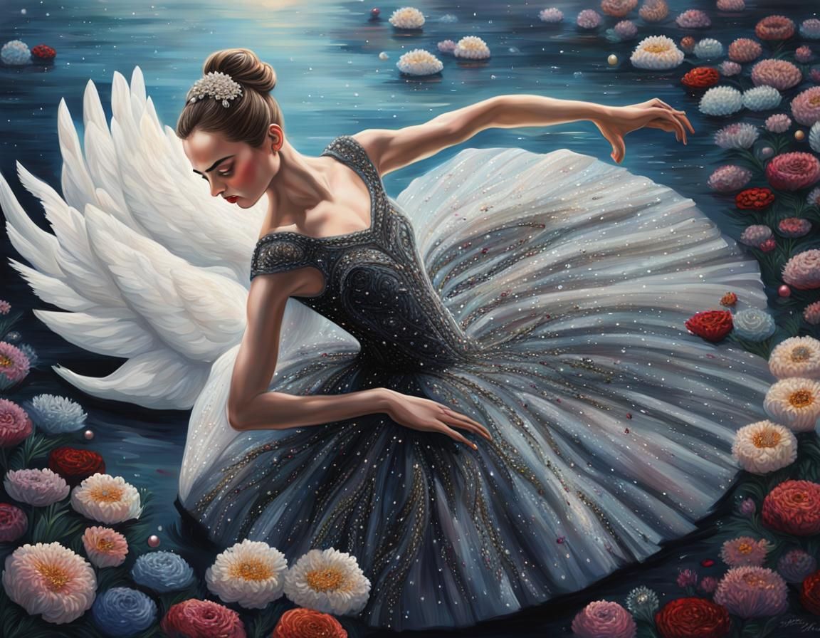 White and Black Swan Ballerinas on Frozen Lake