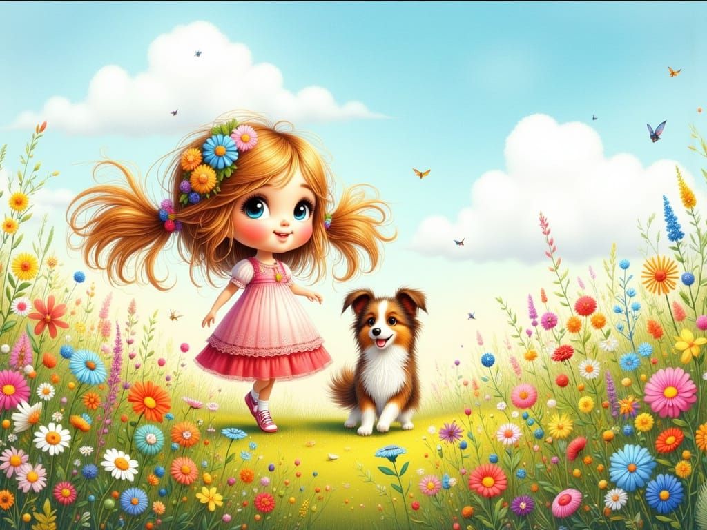 Girl and Dog in Whimsical Floral Meadow