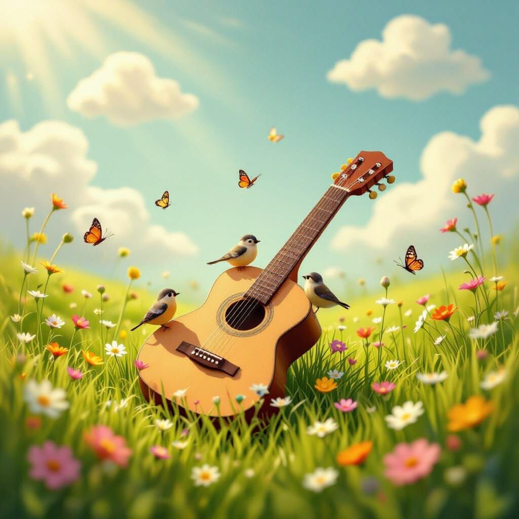 Charming Wooden Guitar in a Dreamy Meadow
