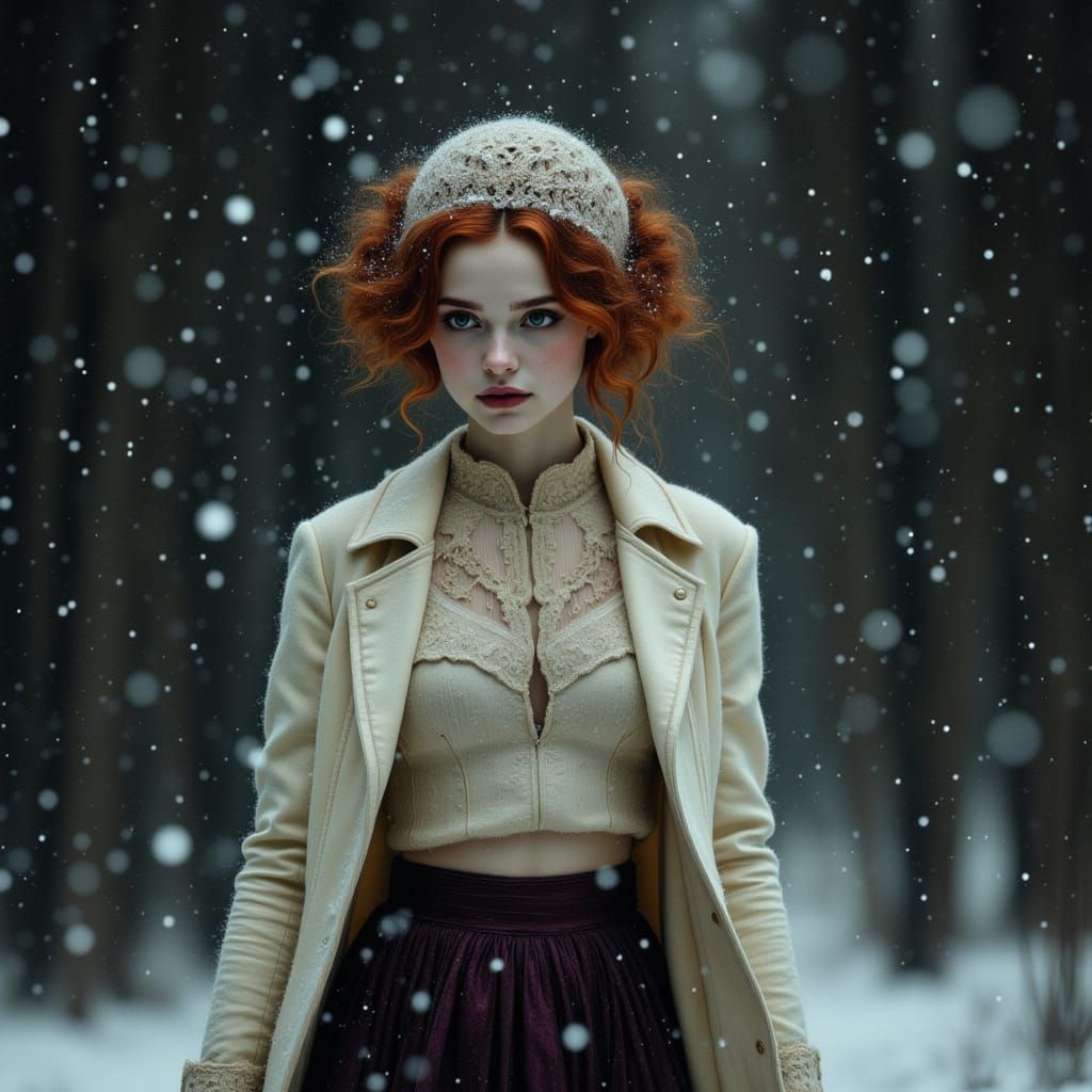 Woman in Snowfall With Chiaroscuro Lighting