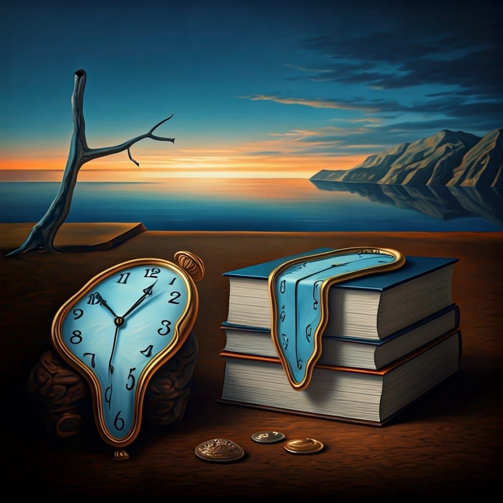 Surreal Still Life of Melting Clock and Glowing Books in Twi...
