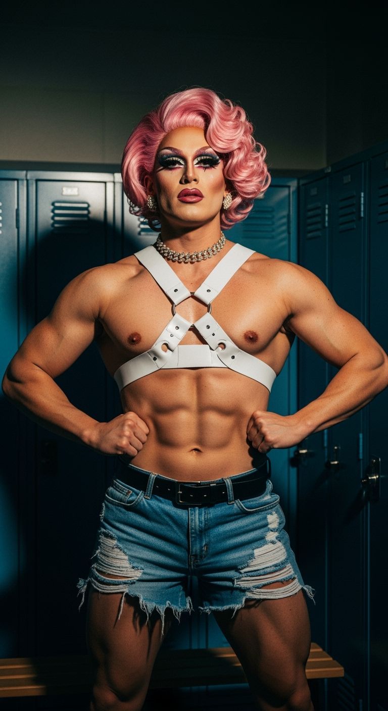Confident Muscular Drag Queen in Dramatic Lighting