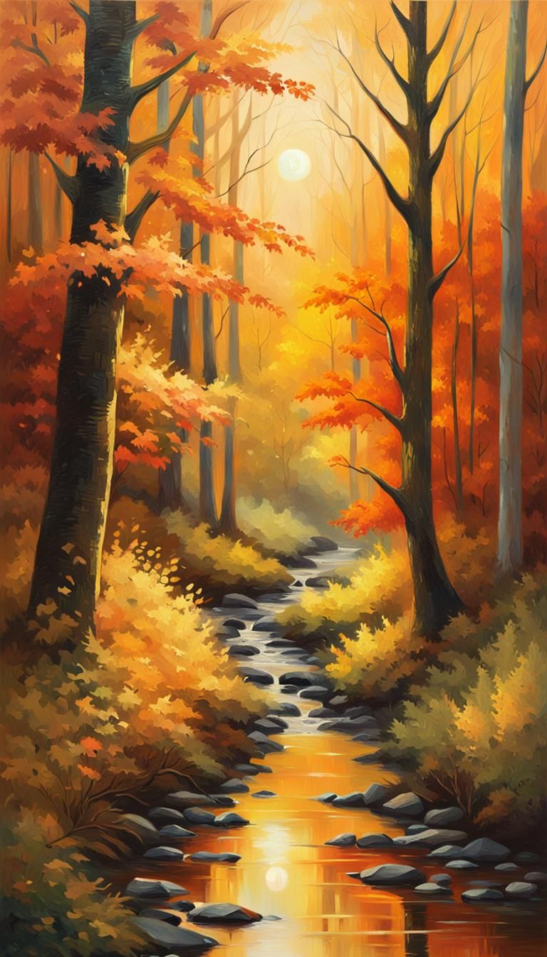 Autumn Forest Path with Sparkling Orb, Oil Painting
