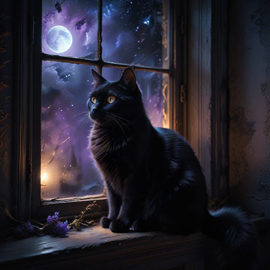 Baroque Nocturne of a Black Cat under a Starry Night Sky