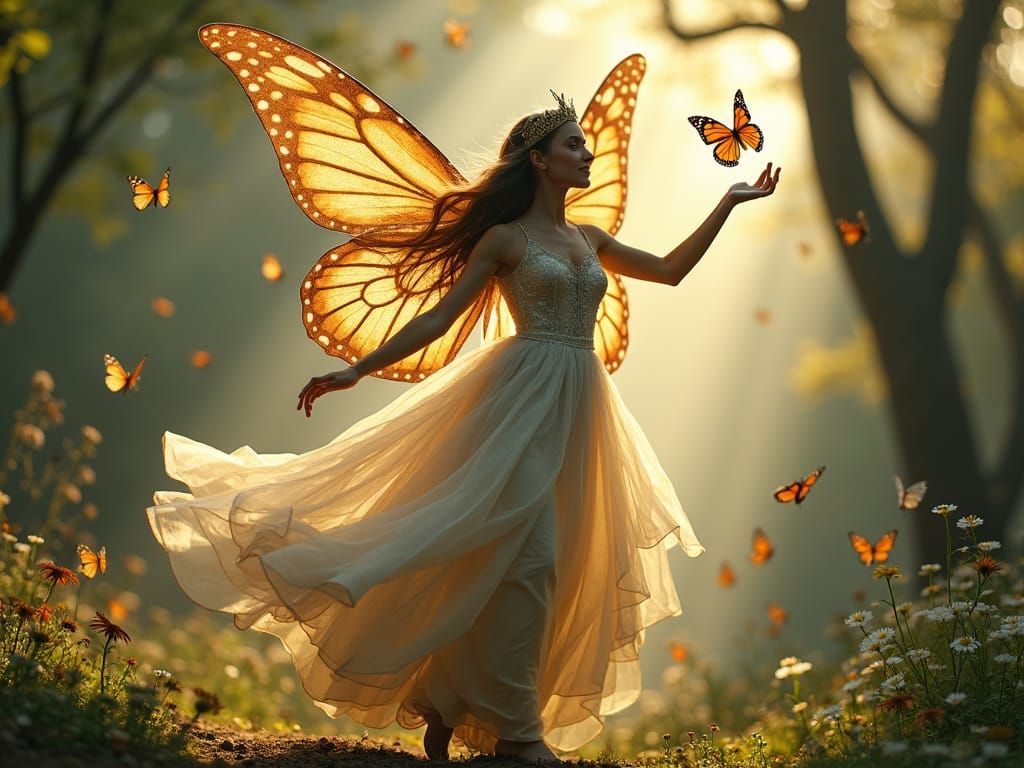 beautiful fairy queen, dancing with butterflies