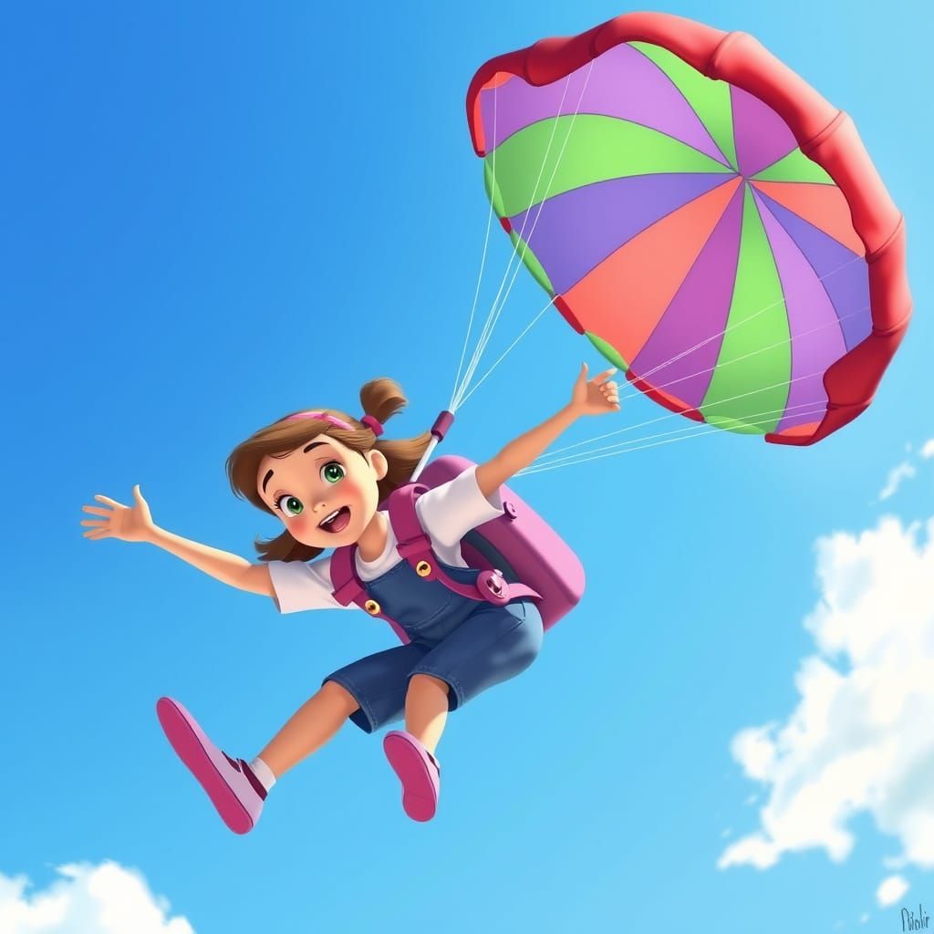 Girl with Parachute in Whimsical Disney Style