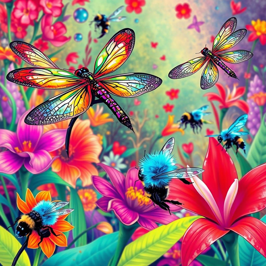 Iridescent Dragonflies in a Dreamlike Neo-Surrealist Garden