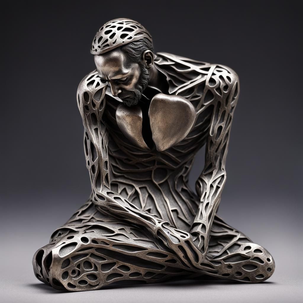 Detailed Metal Sculpture of a Grieving Man
