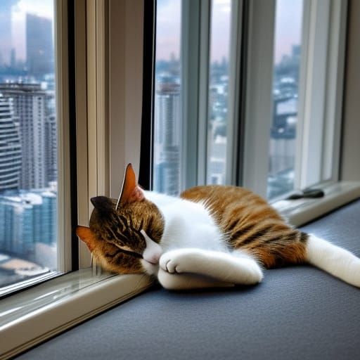 Hyperrealistic Cat Sleeping by City Window