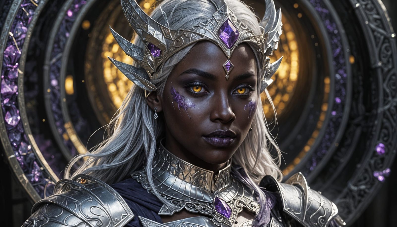 Hyper-Realistic Drow Female Portrait in Silver Armor