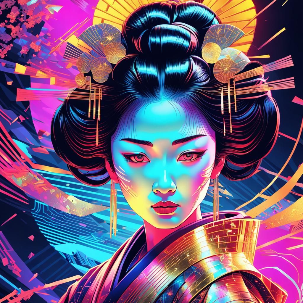 Holographic Neon Geisha in Synthwave Style