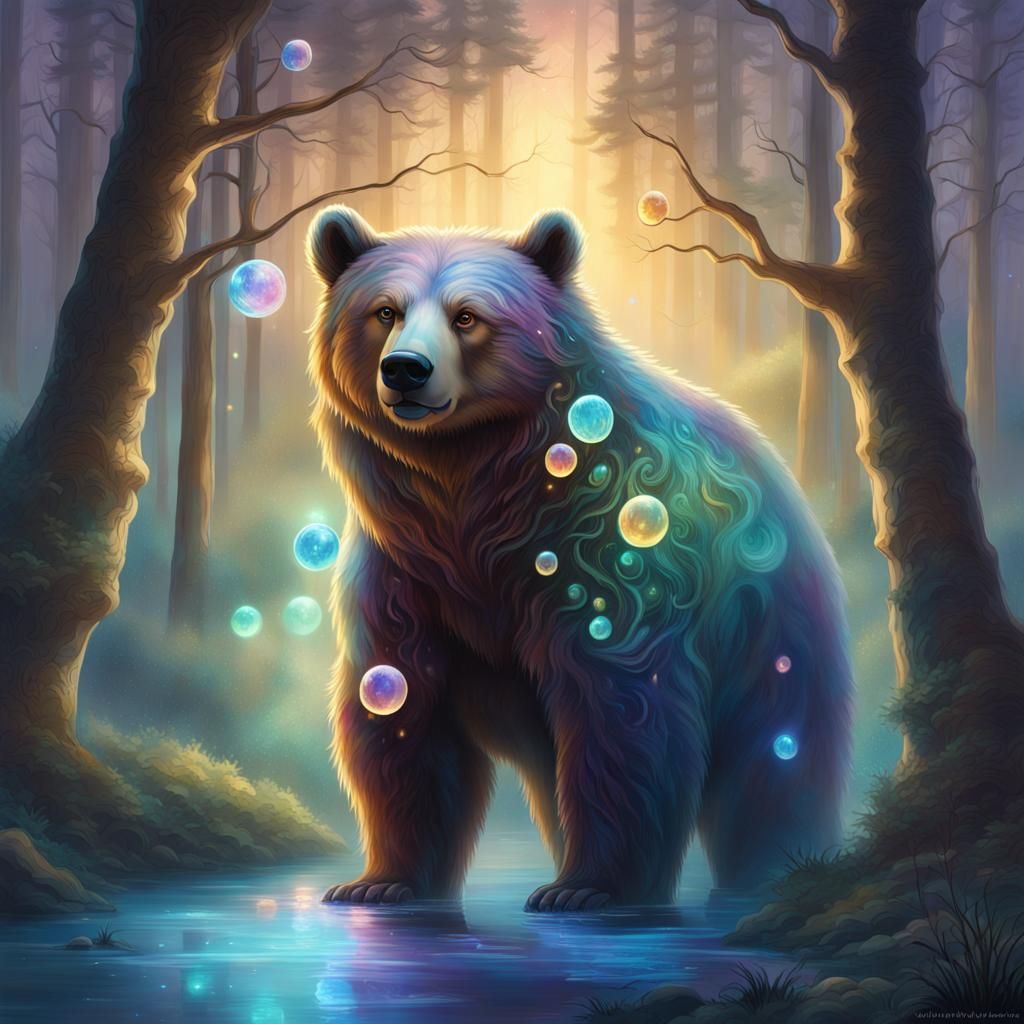Majestic Iridescent Bear Guardian in Mystical Forest
