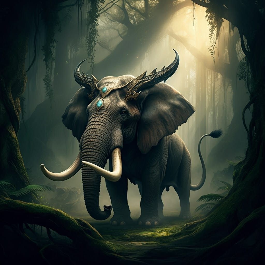 Majestic Yali in Ancient, Misty Forest Landscape