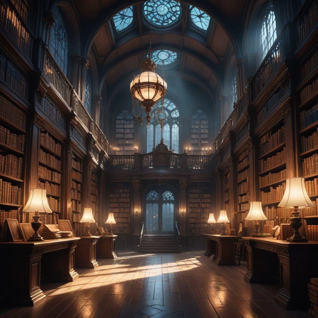Glowing Library Spirits in Anime Style