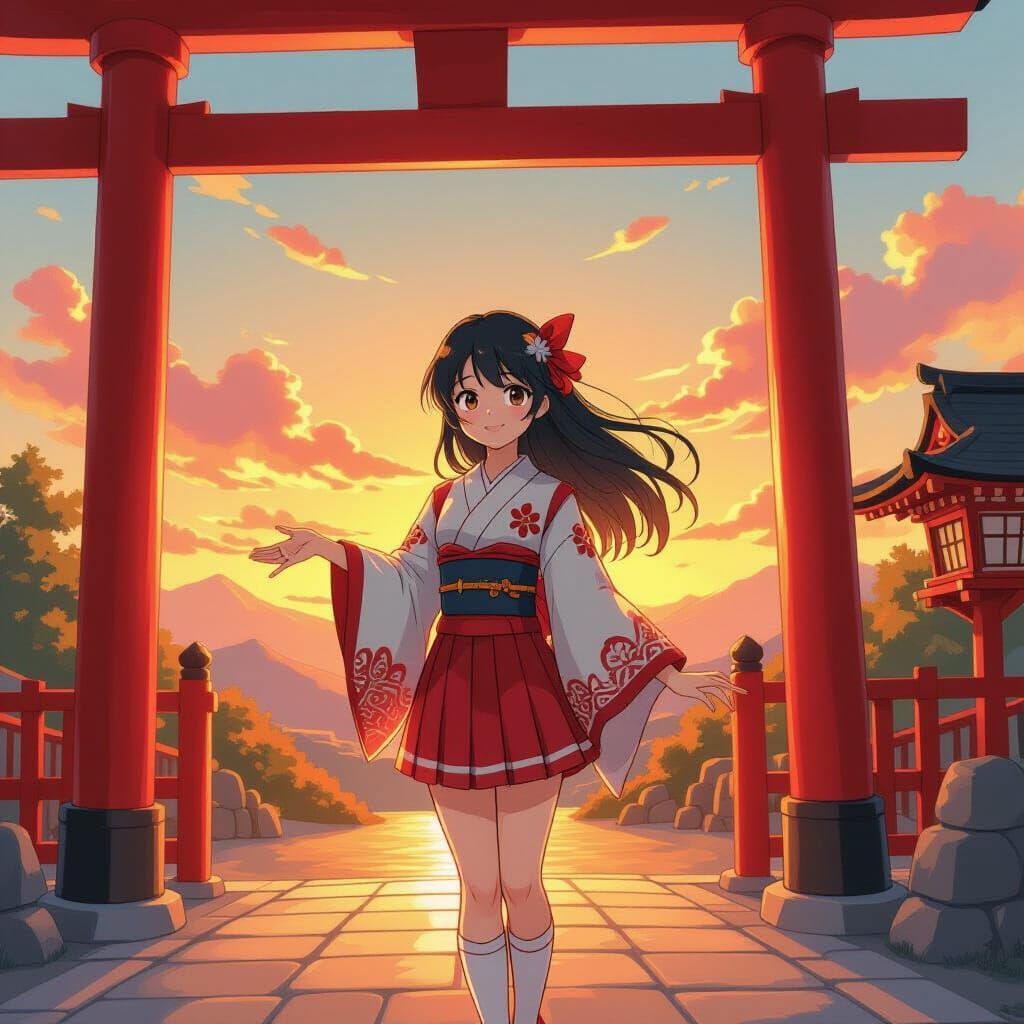 Miko Beside Torii Gate at Golden Hour