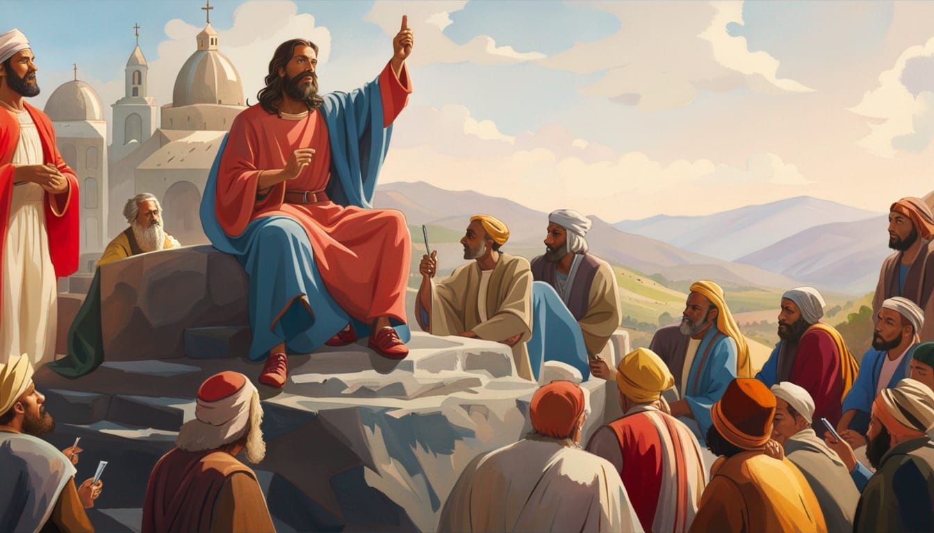 Jesus Teaching the Multitudes: Impressionist Gouache Paintin...