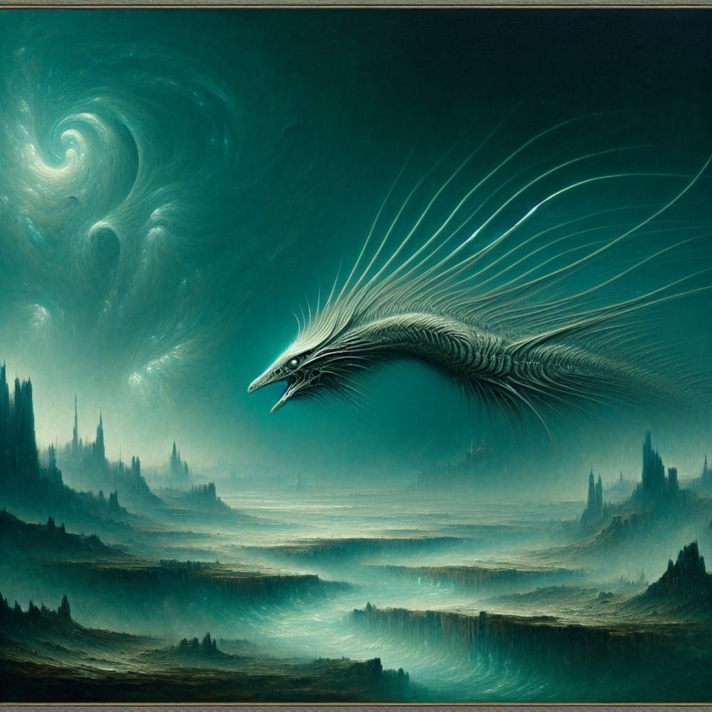 Ethereal Reptilian Entity Emerges from Teal Mist in a Haunti...