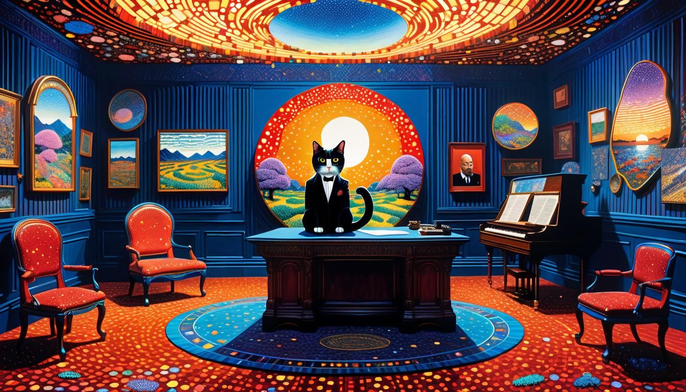 Aesthetic office with artistic pictures hanging on the wall
