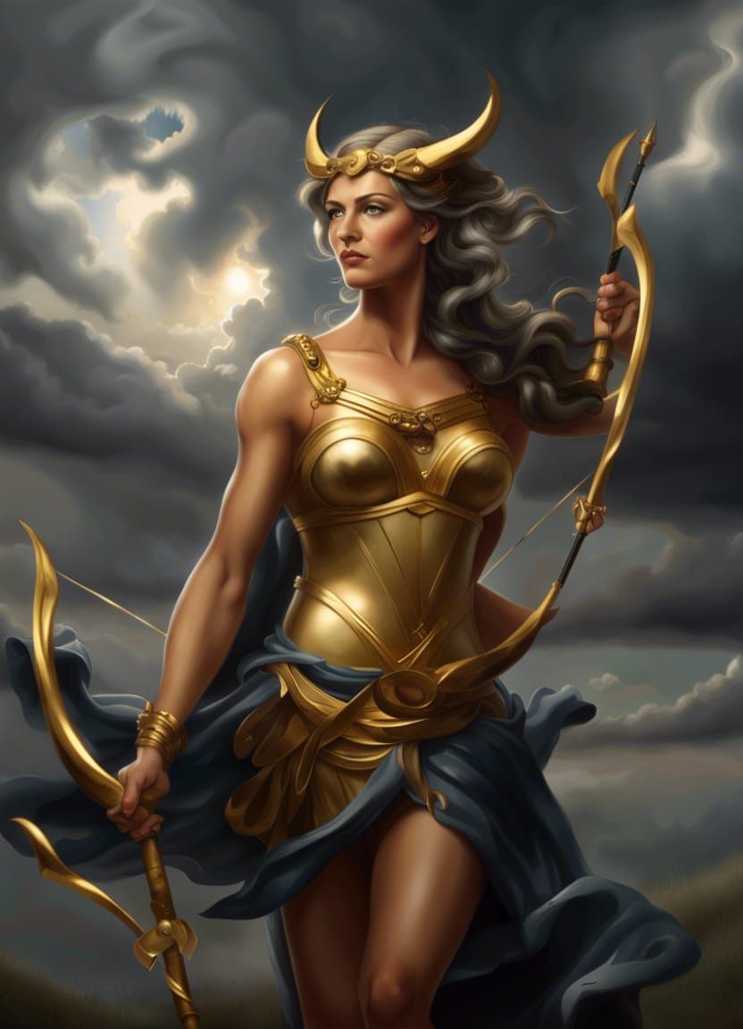 Realistic Artemis, Goddess of the Hunt in Storm