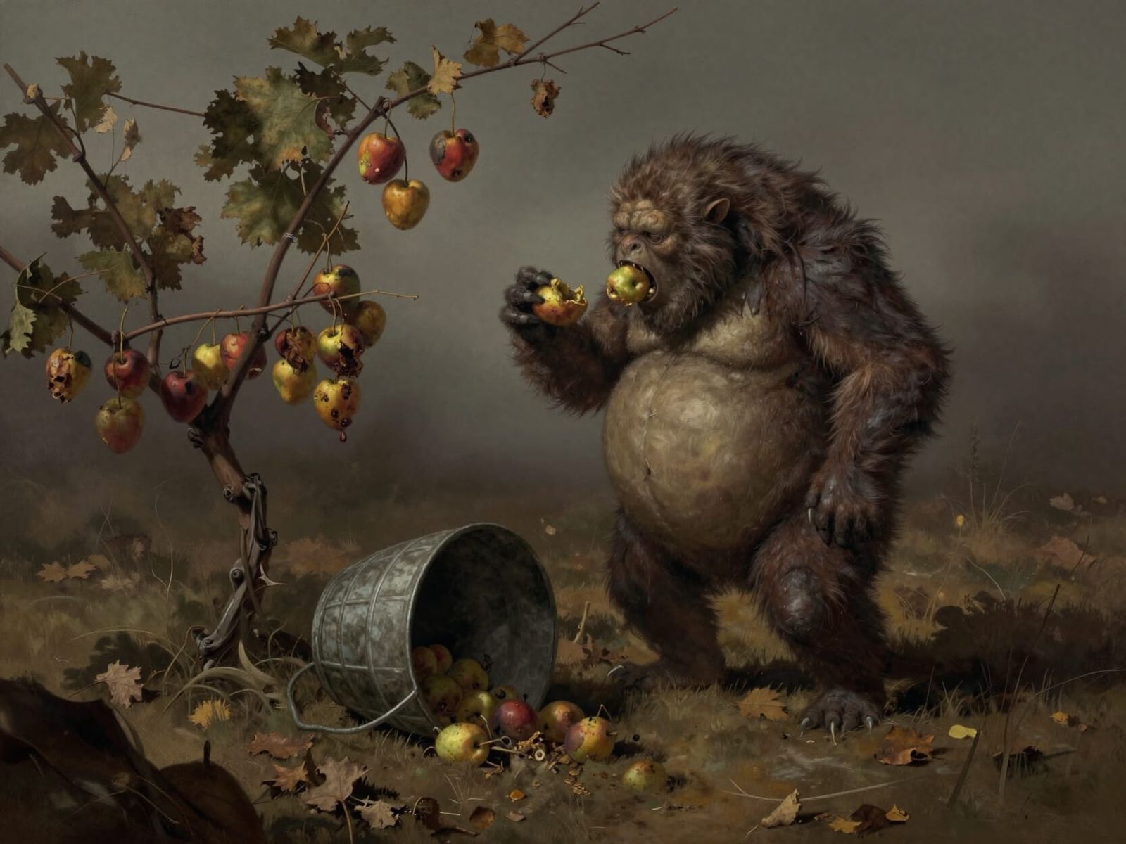 Ravenous Beast Consuming Withered Fruit in Autumn Landscape