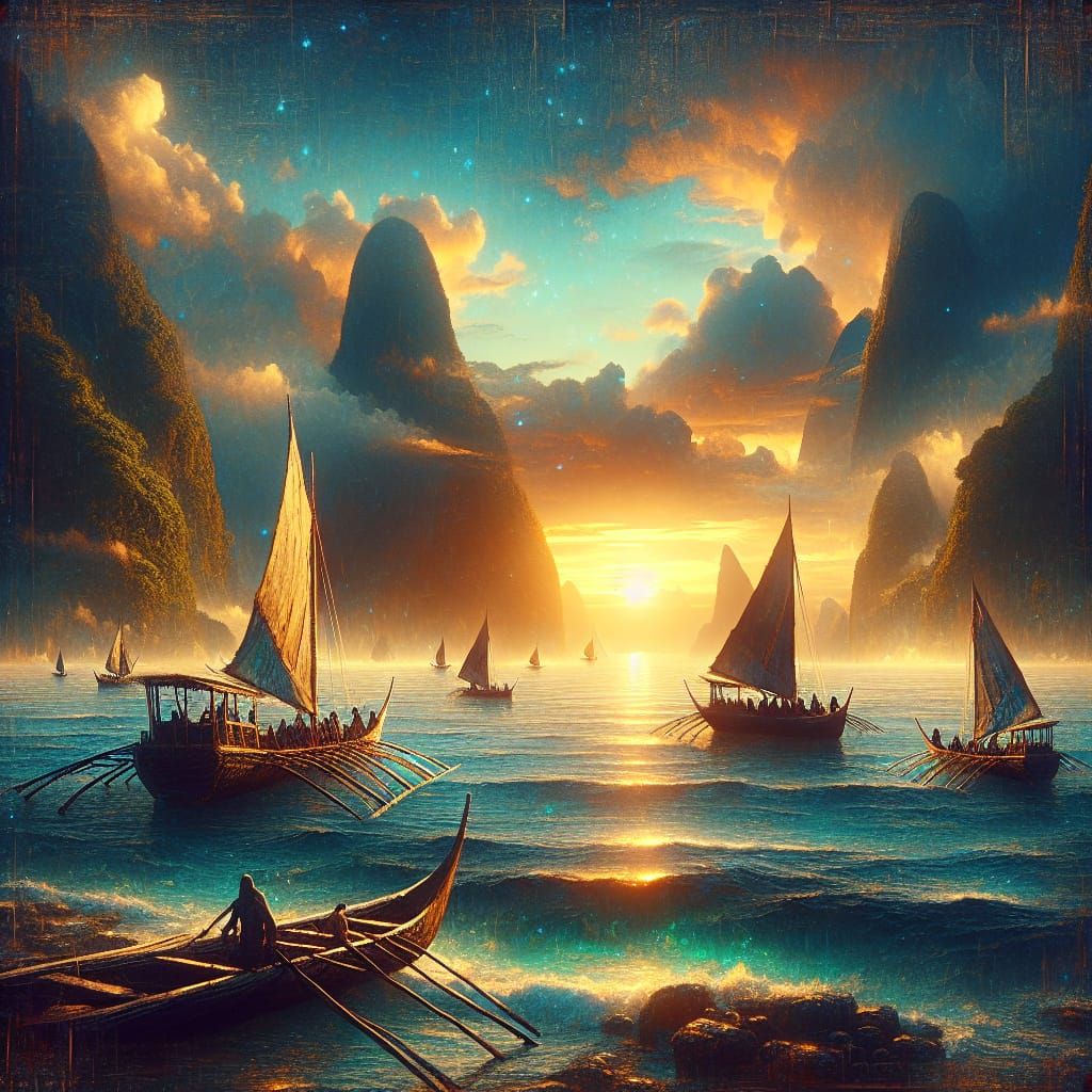 Atoll Pirogues Setting Sail: A Matte Painting