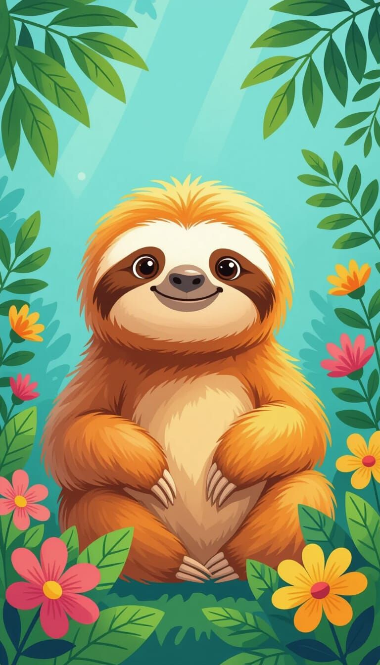 Cute Orange Sloth Smiling Among Flowers in Blue Background