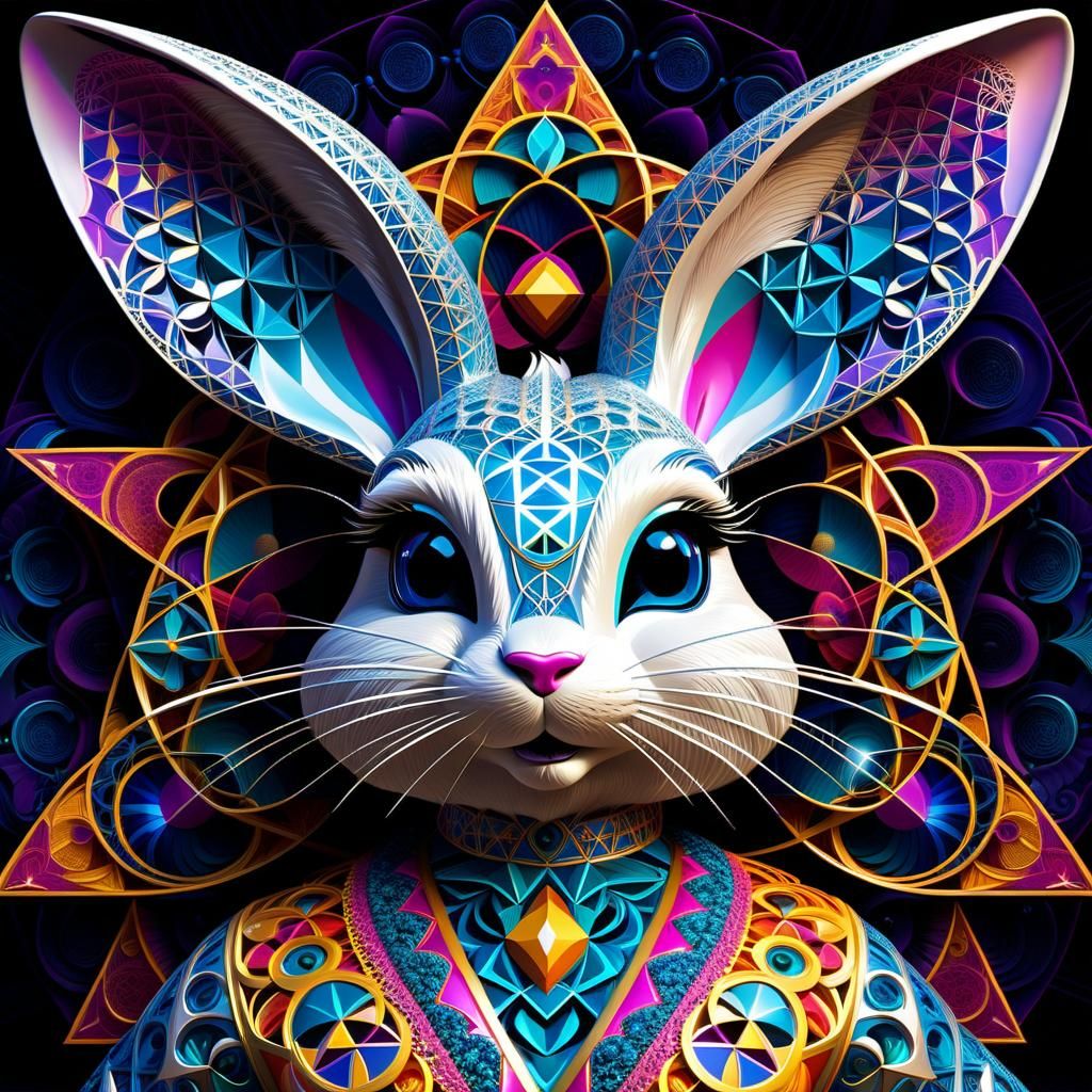 sacred geometry, an anthropomorphic Lola Bunny made of fractals and tesselations, geometric shapes and forms, colours an...