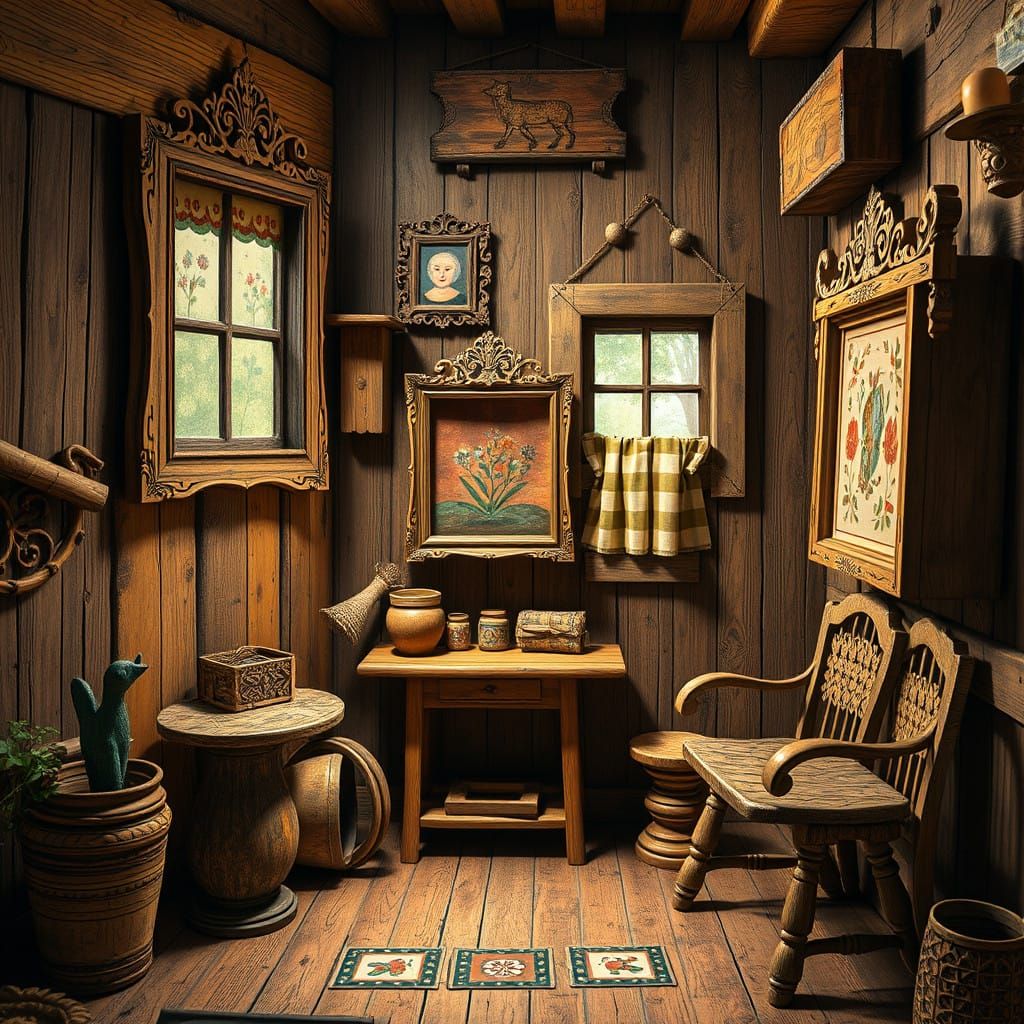 Whimsical Folk Art Scene in Golden Warmth with Distressed Wo...