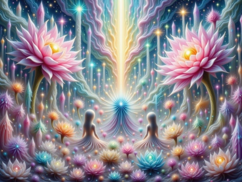 Otherworldly Crystal Flowers Under Aurora Skies