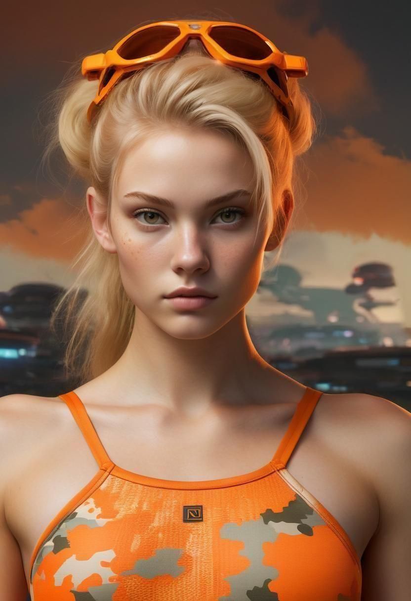 Hyperrealistic Venusian Girl in Orange Metropolis