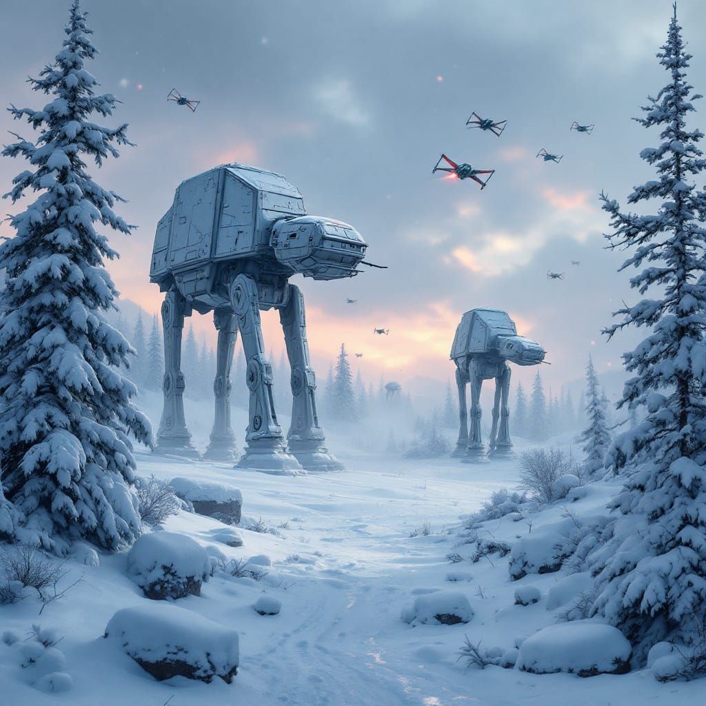 Snowy AT-AT Walkers in Winter Landscape