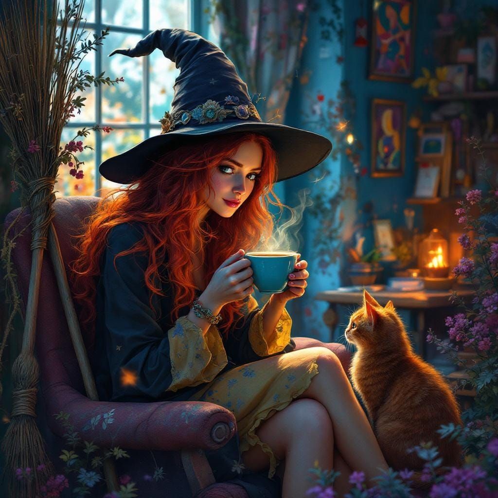 Red-Haired Witch Coffee Portrait in Hyperrealistic Style