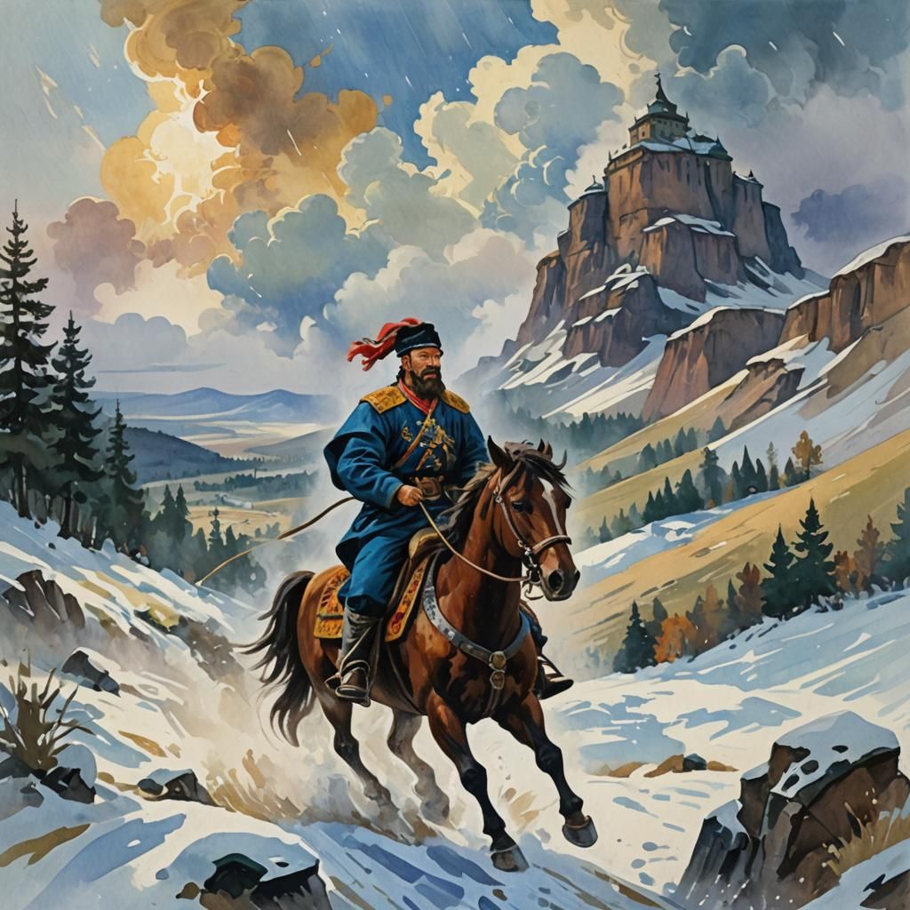 Cossack Ilya Riding Cloudfall in Gouache Style