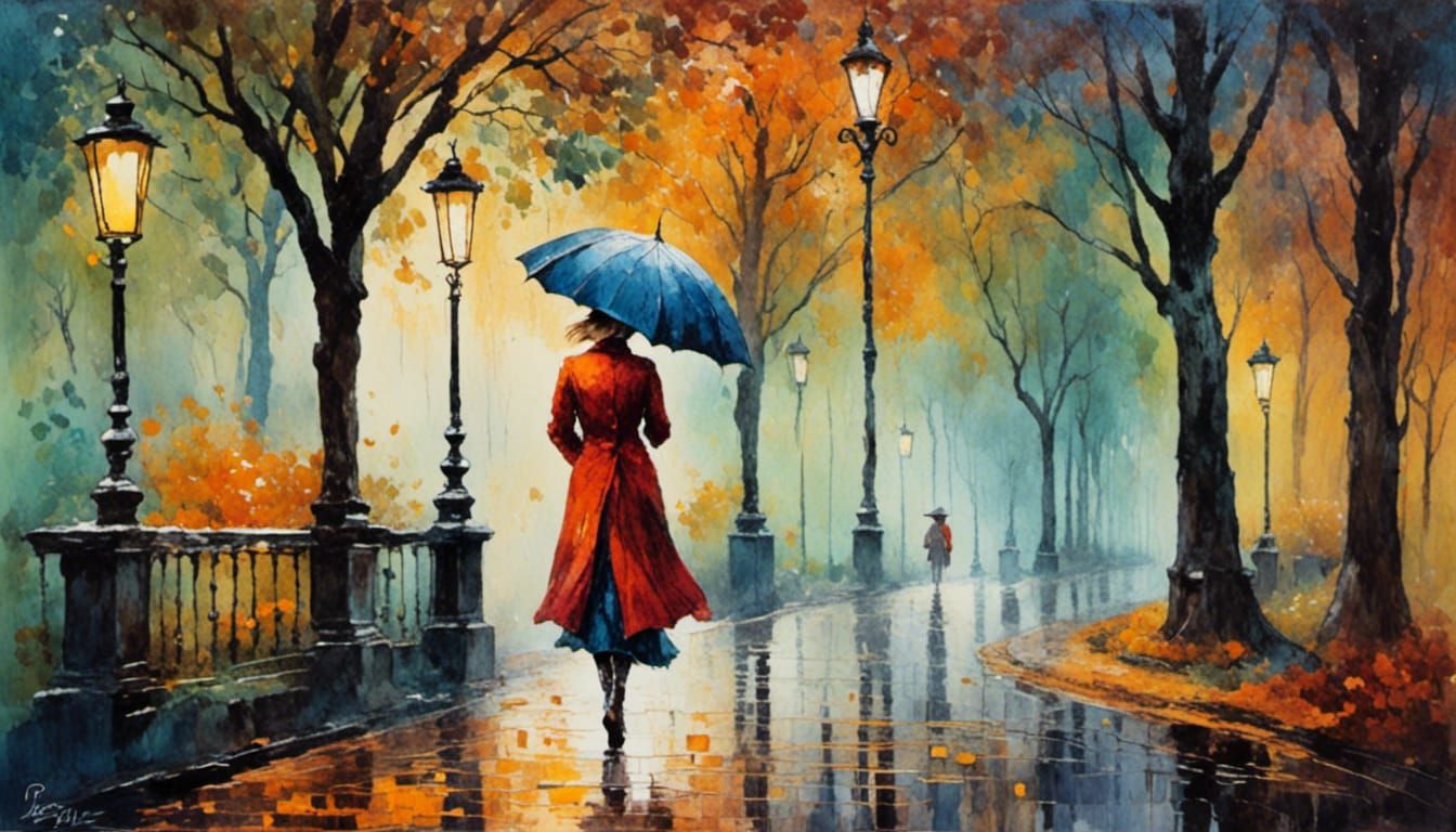 Woman in Rainy Park: Neo-Impressionist Oil Painting